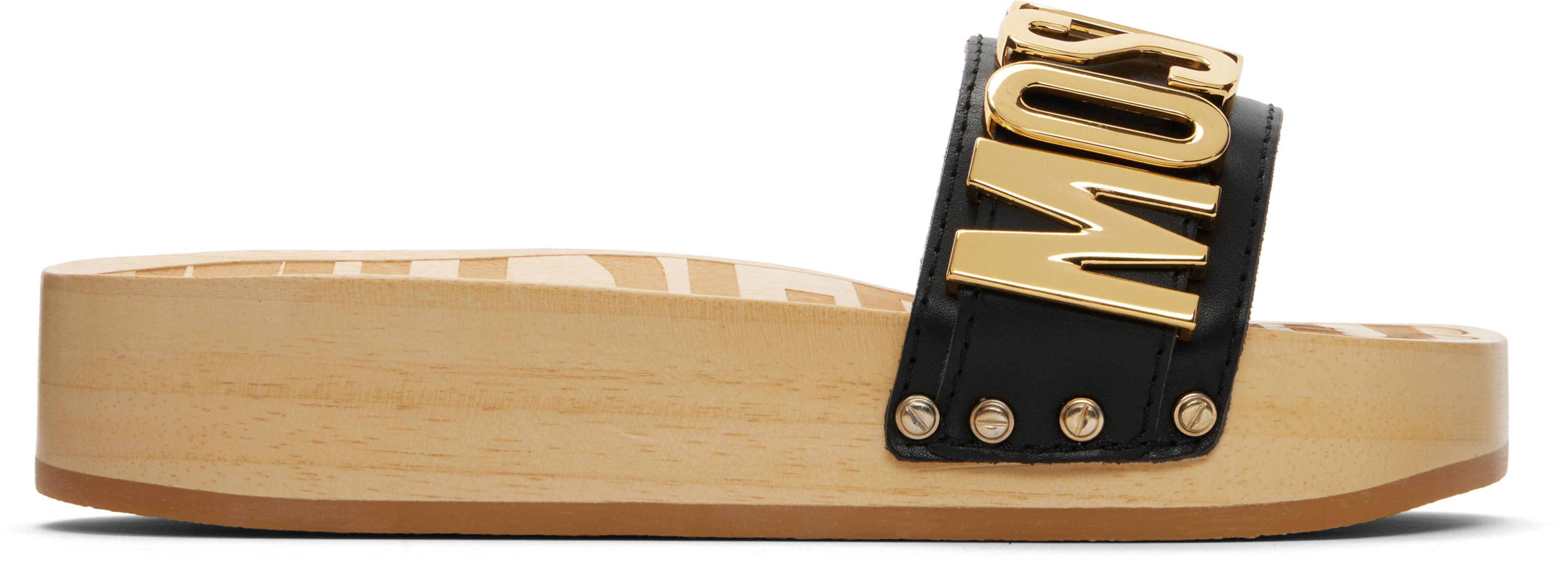 Beige & Black Calfskin Wood Sandals by MOSCHINO