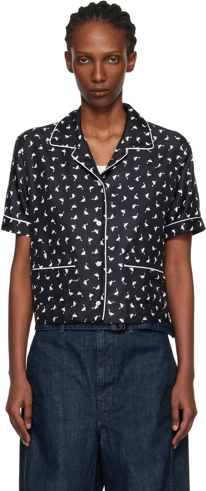 Black All Over Small Goose Print Silk Twill Blouse by MOSCHINO