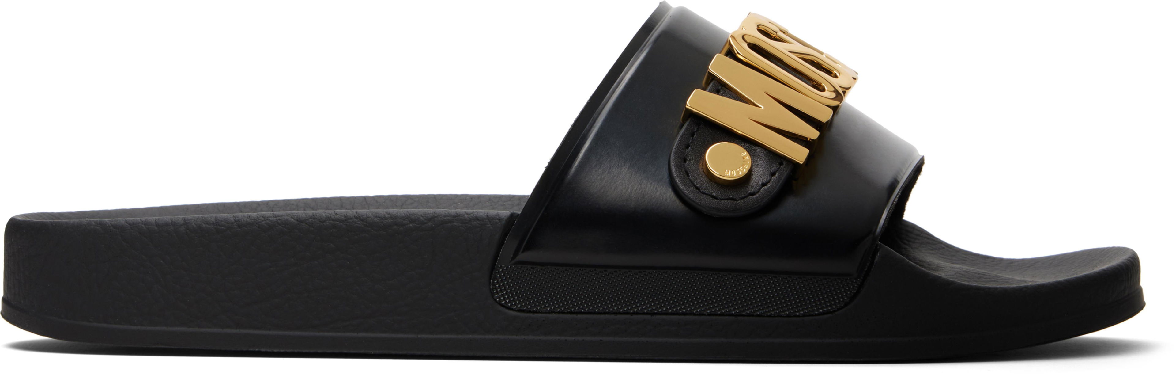 Black Lettering Logo Pool Slides by MOSCHINO