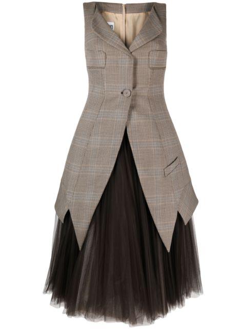 Glen plaid tulle-underlayer midi dress by MOSCHINO