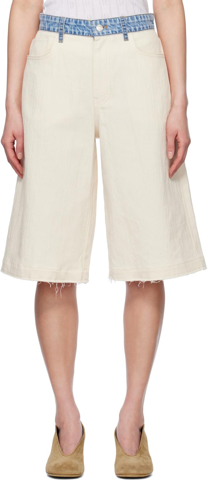 Beige & Blue Textured Cotton Hemp Shorts by MOSCHINO JEANS