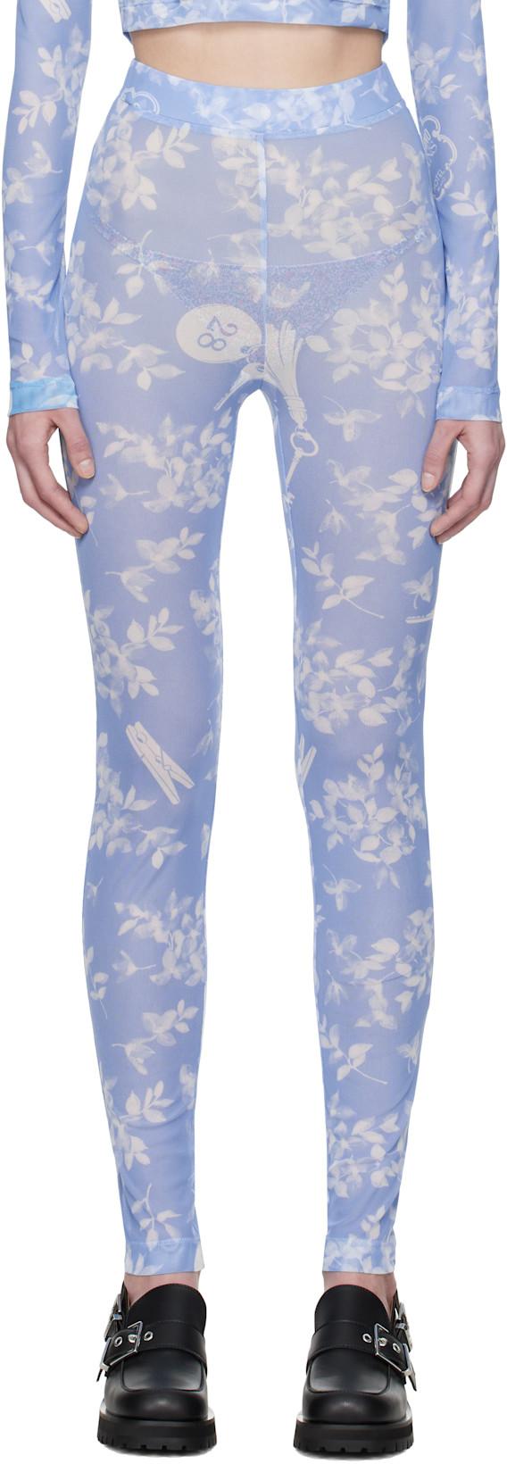 Blue Floral Print Mesh Leggings by MOSCHINO JEANS