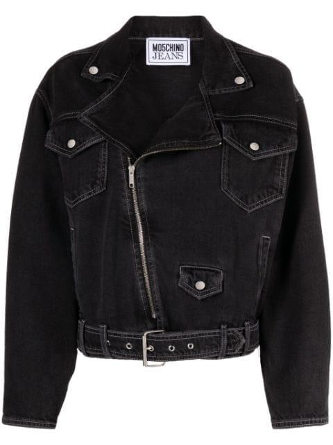 belted denim biker jacket by MOSCHINO JEANS