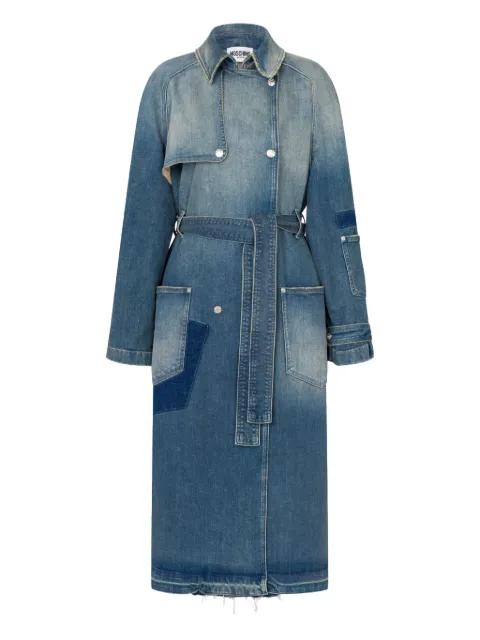 belted denim-patchwork trench coat by MOSCHINO JEANS