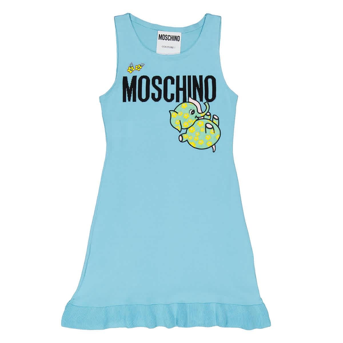 Moschino Ladies Light Blue Ribbed-Knit Scoop Neck Dress by MOSCHINO