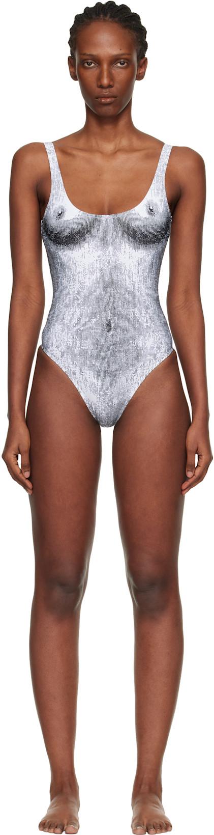 White & Black Printed Lycra One-Piece Swimsuit by MOSCHINO