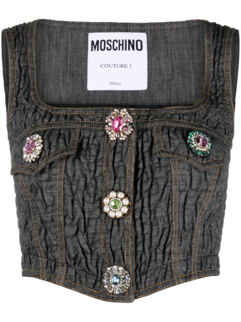 brooch-embellished denim bustier by MOSCHINO