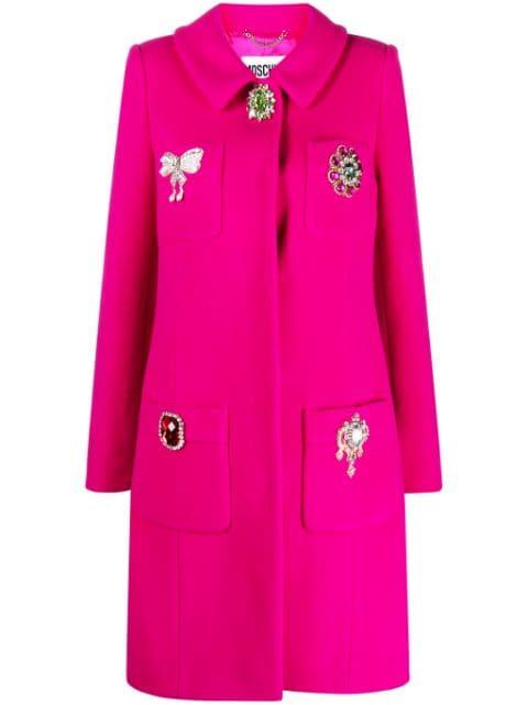brooch-embellished single-breasted coat by MOSCHINO