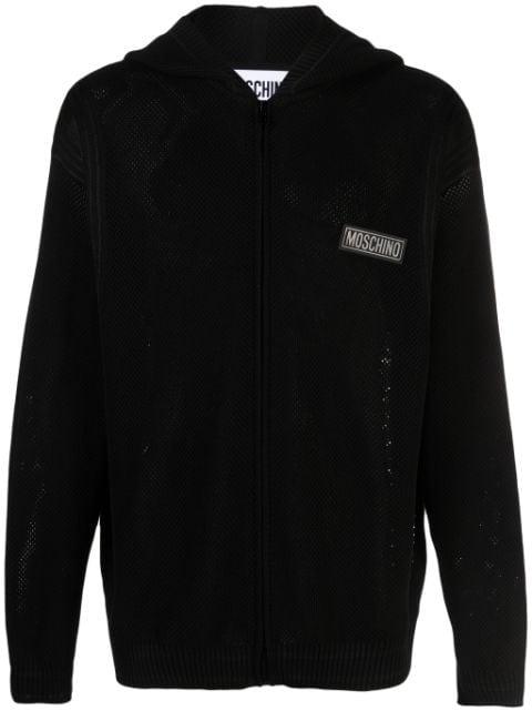 logo-patch open-knit hoodie by MOSCHINO