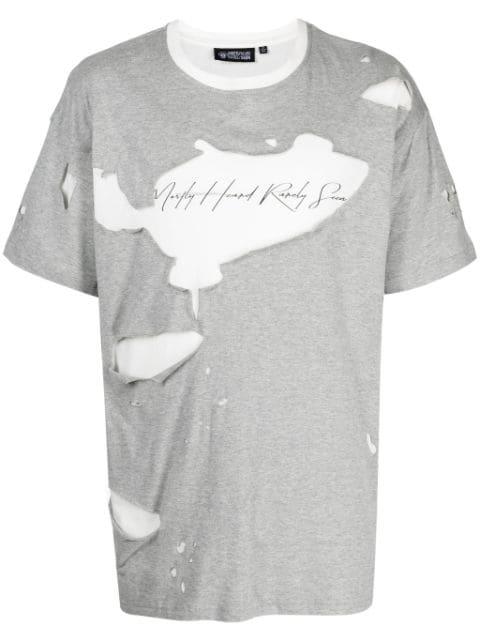 logo-print ripped-detail T-shirt by MOSTLY HEARD RARELY SEEN