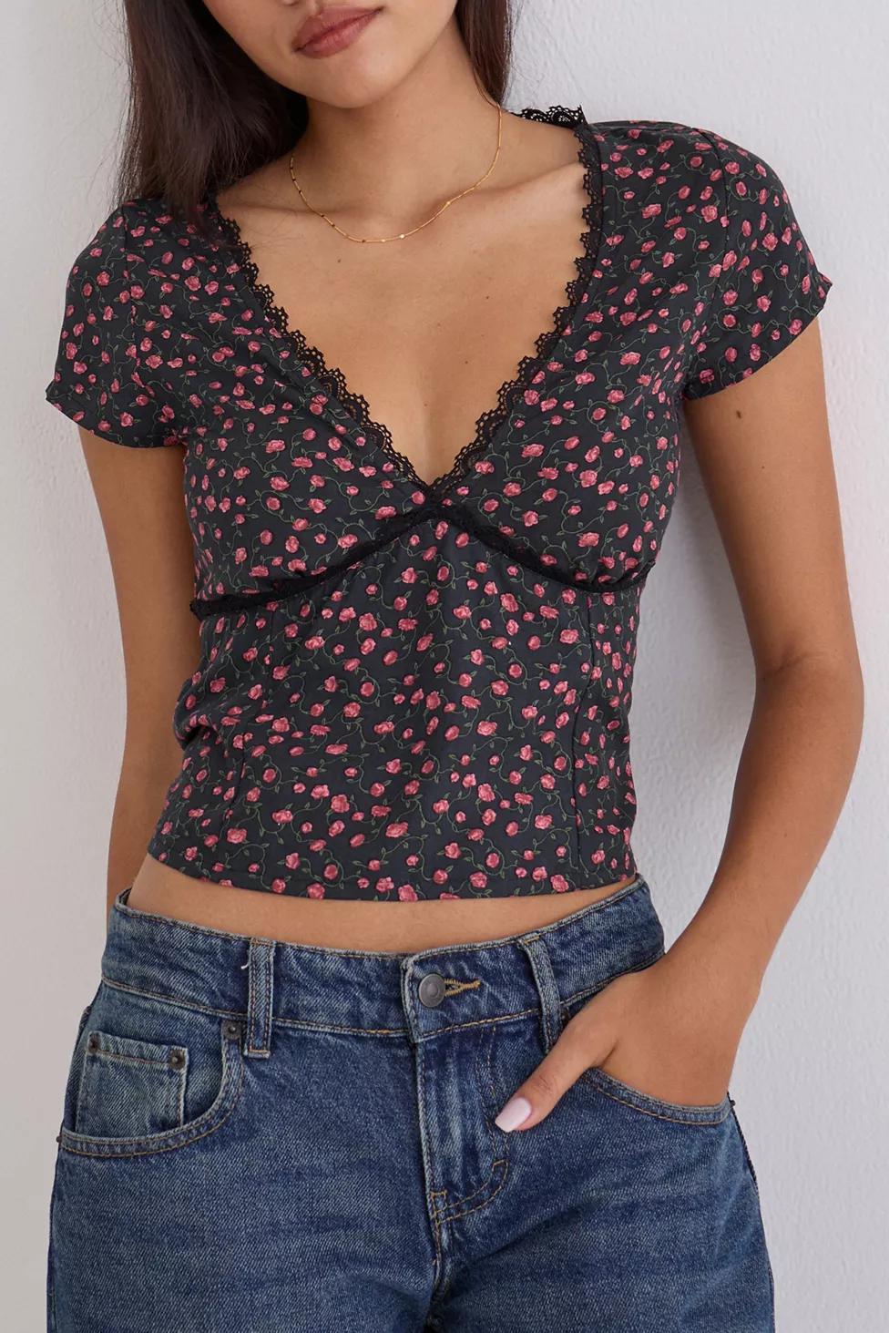 Motel Asani Plunging Cap Sleeve Crop Top by MOTEL
