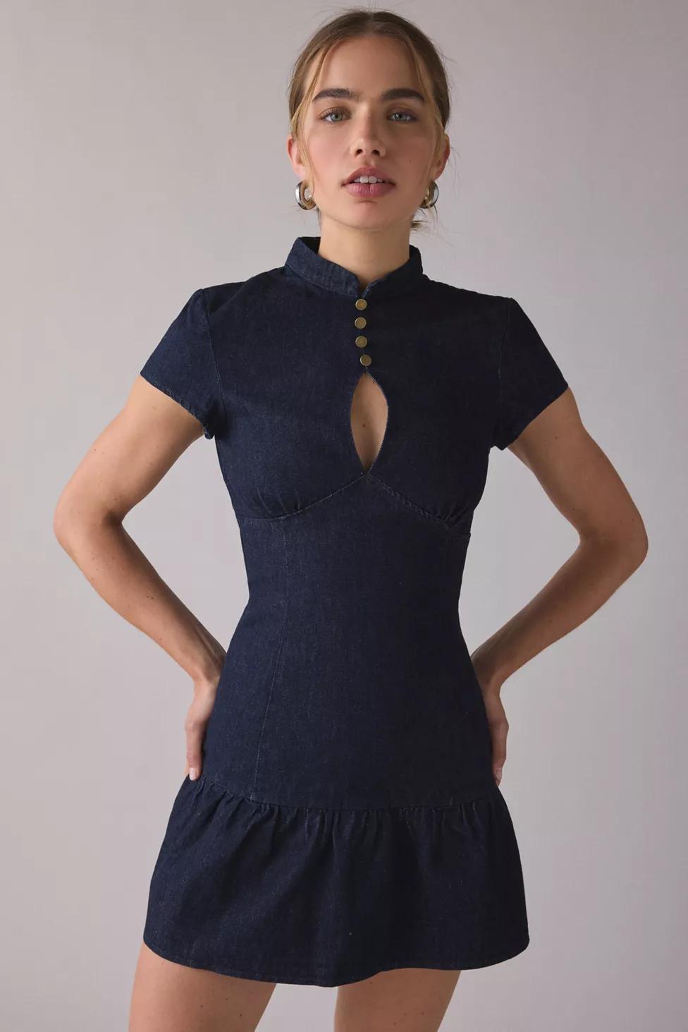 Motel Manama Band Collar Denim Mini Dress by MOTEL