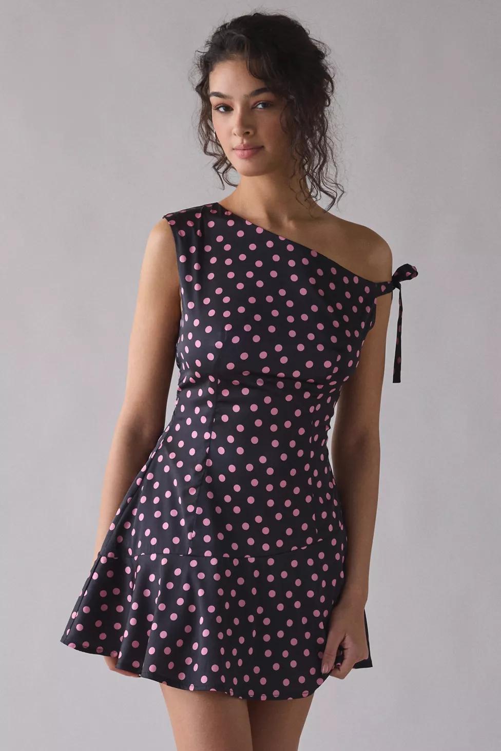 Motel Maribel Asymmetric One-Shoulder Polka Dot Mini Dress by MOTEL