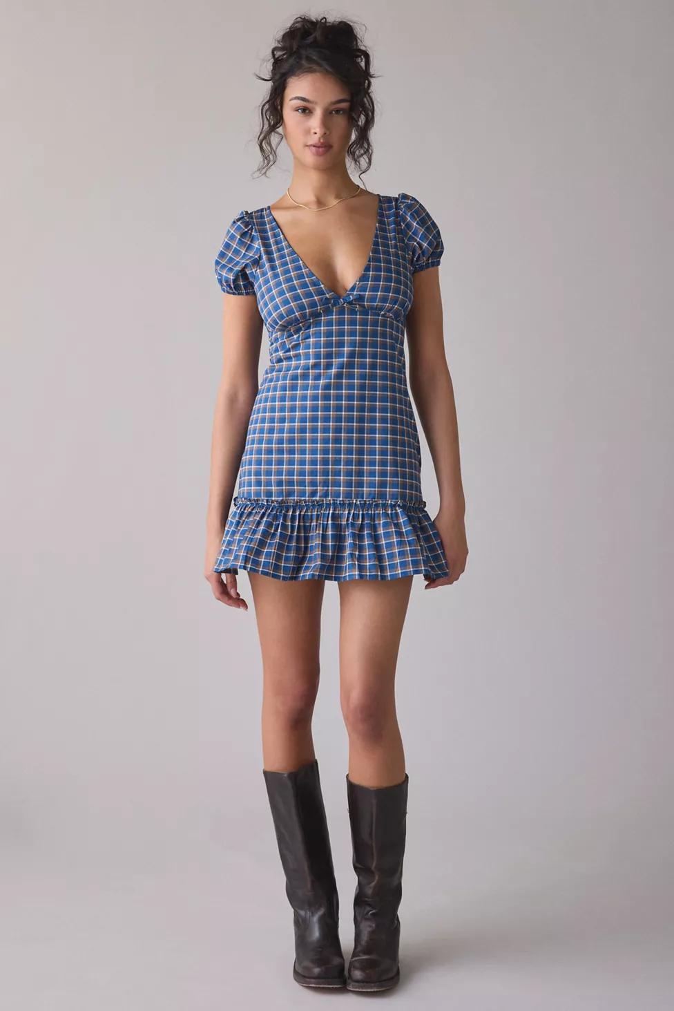 Motel Marika Gingham Puff Sleeve Mini Dress by MOTEL