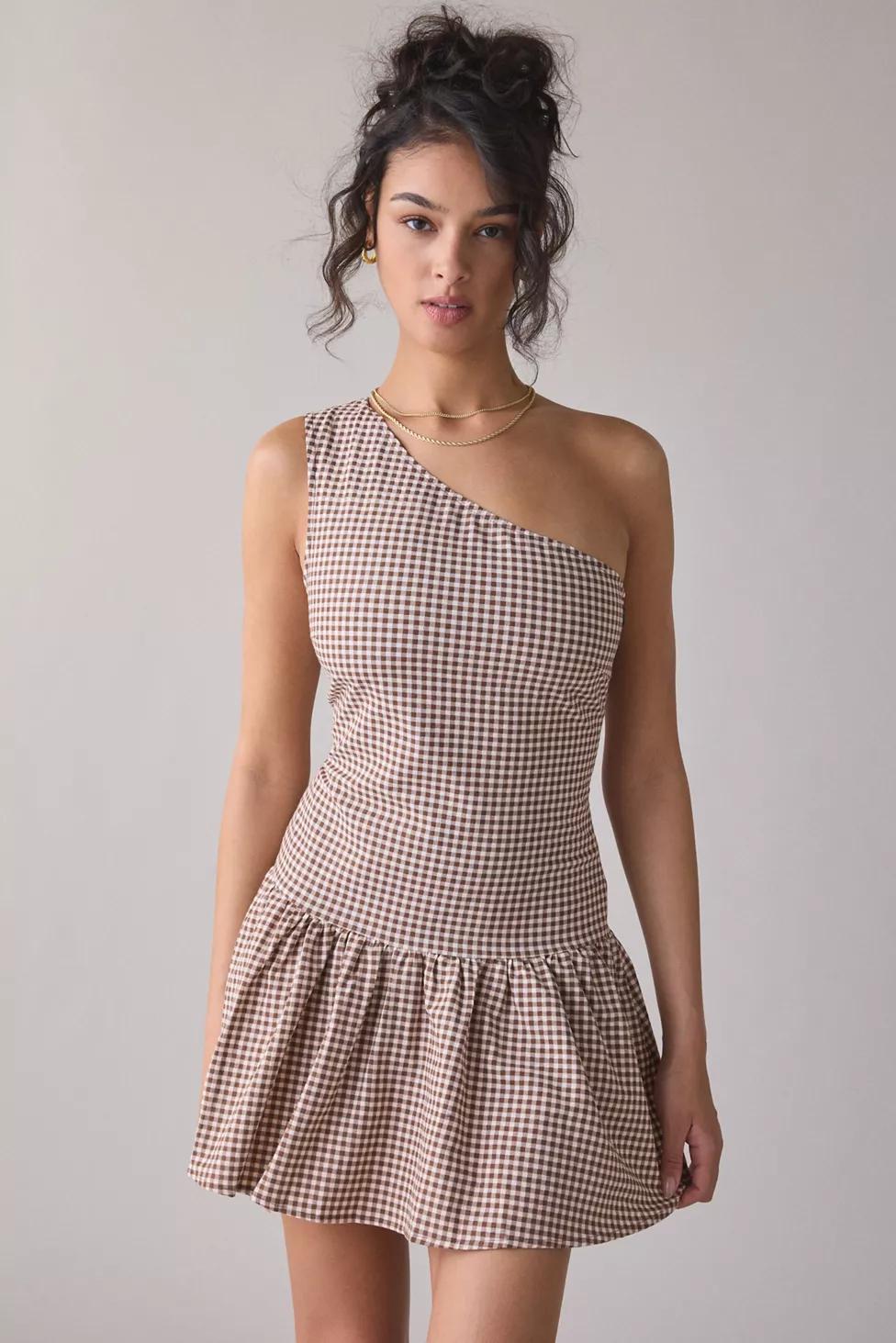 Motel Munasa One-Shoulder Drop Waist Gingham Mini Dress by MOTEL
