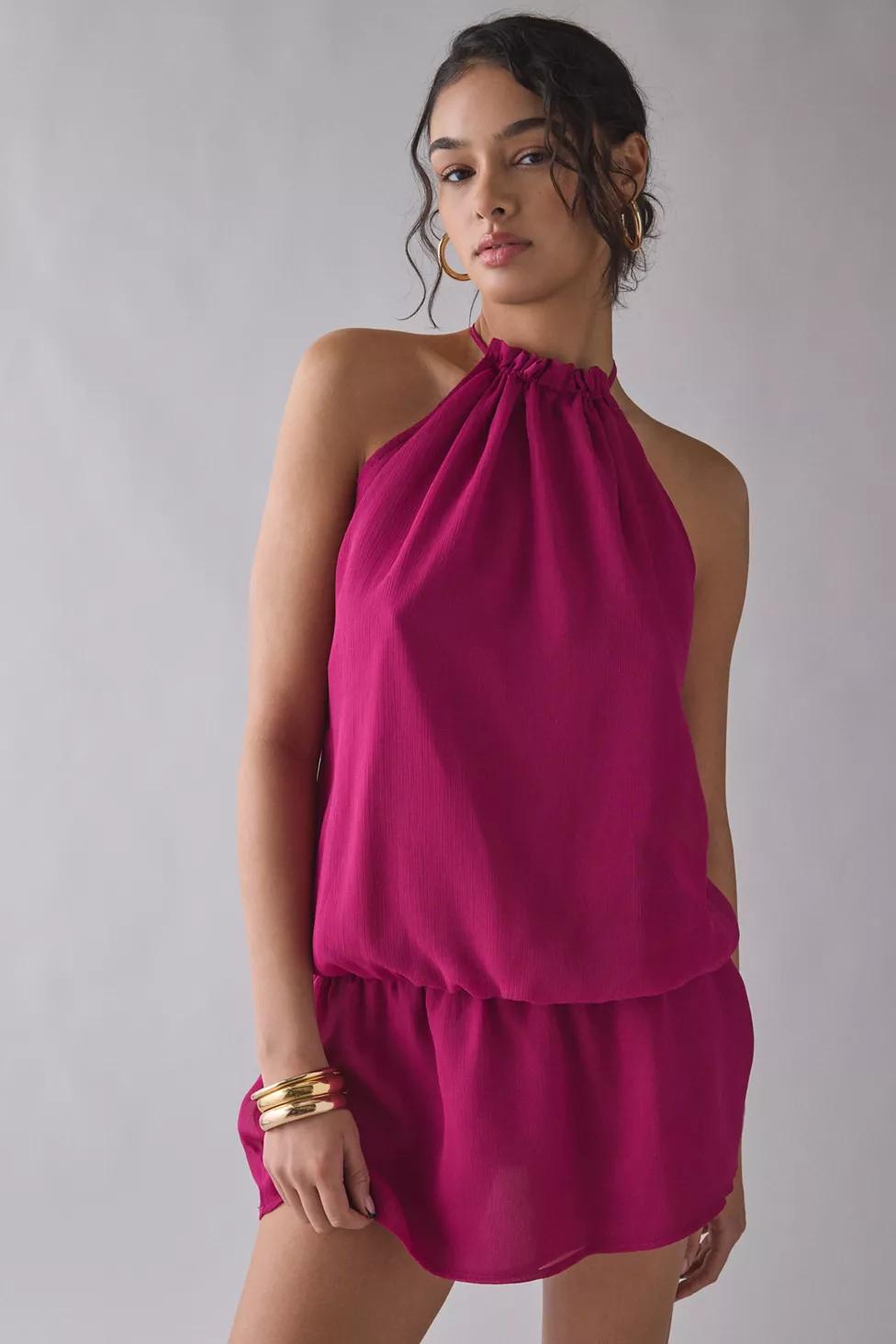 Motel Veloria Dark Rose Chiffon High-Neck Halter Mini Dress by MOTEL