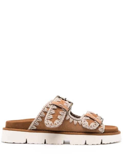 whipstitch-trim suede slides by MOU