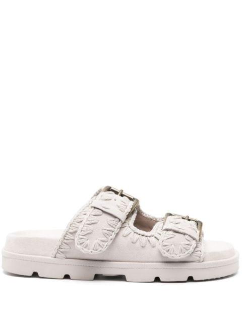 whipstitch-trim suede slides by MOU