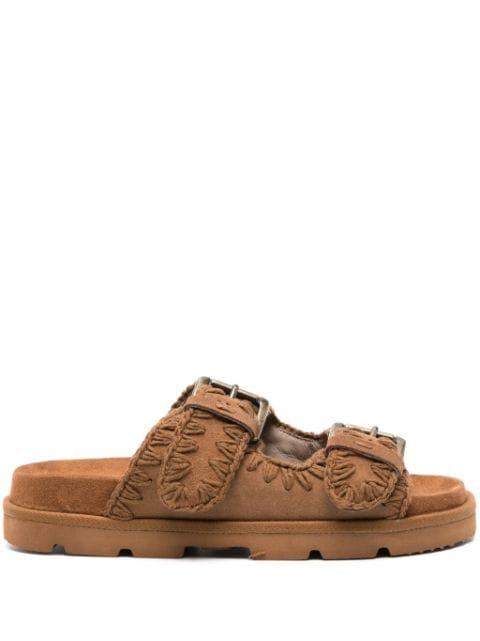 whipstitch-trim suede slides by MOU