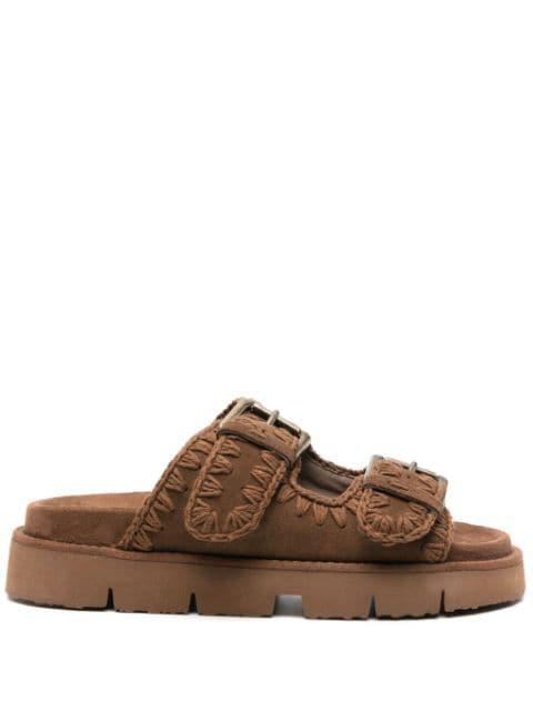 whipstitch-trim suede slides by MOU