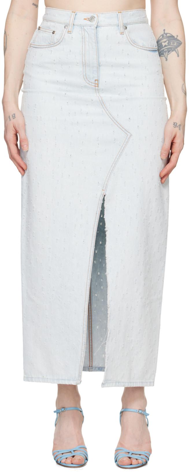 Blue Distressed Denim Maxi Skirt by MSGM