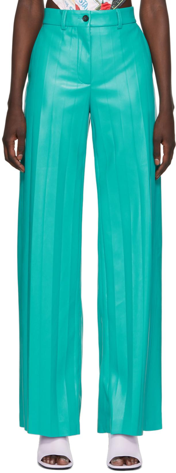 Blue Pleated Faux-Leather Pants by MSGM