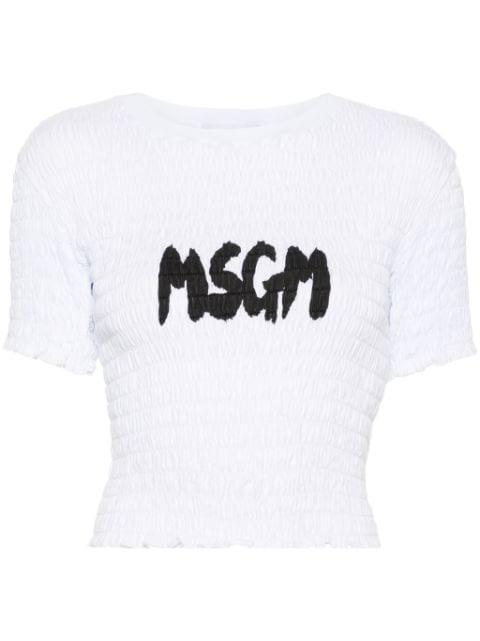 logo-print smocked T-shirt by MSGM