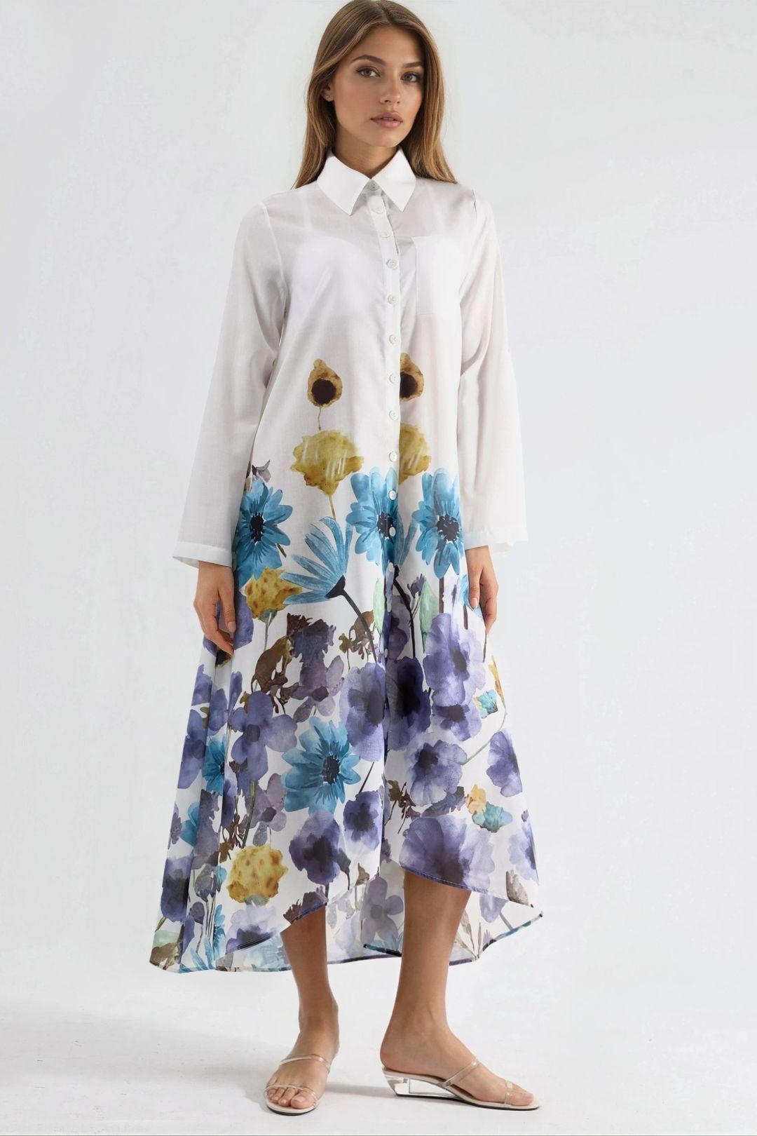 Floral Maxi Dress with Shirt Collar and Button Closure by MSN COLLECTION