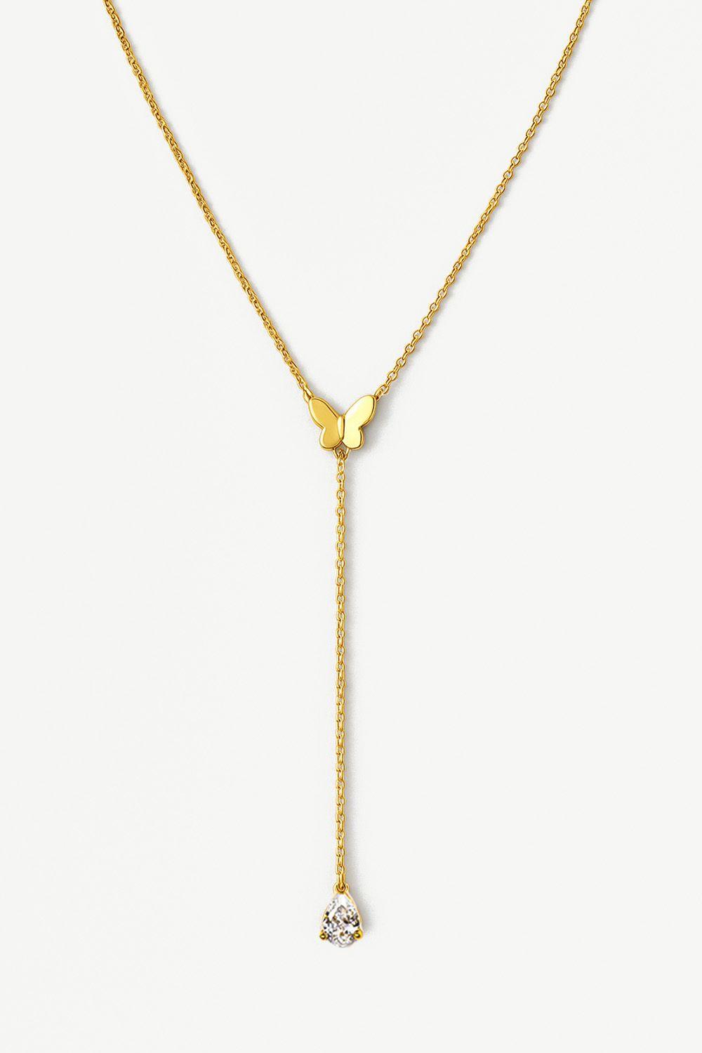 18k Gold Drop Necklace With Butterfly & Pear Stone by MUCHV