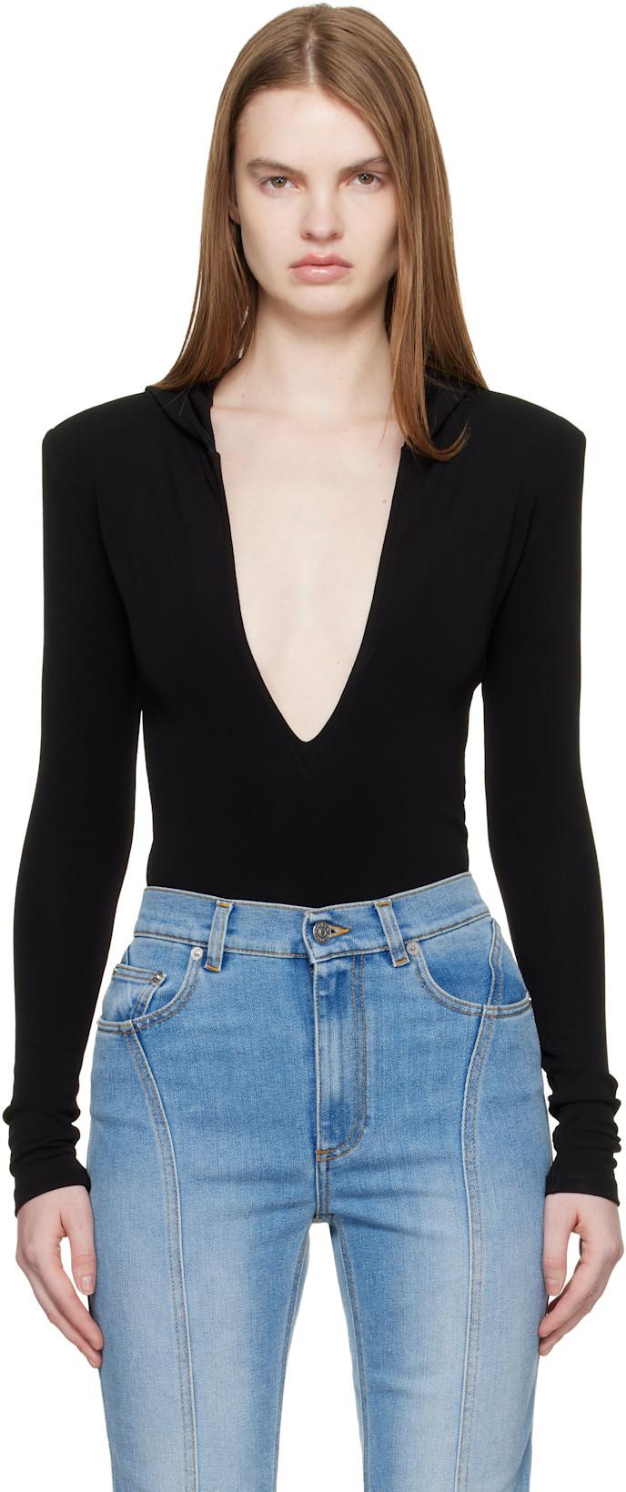 Black Hooded V-Neck Bodysuit by MUGLER