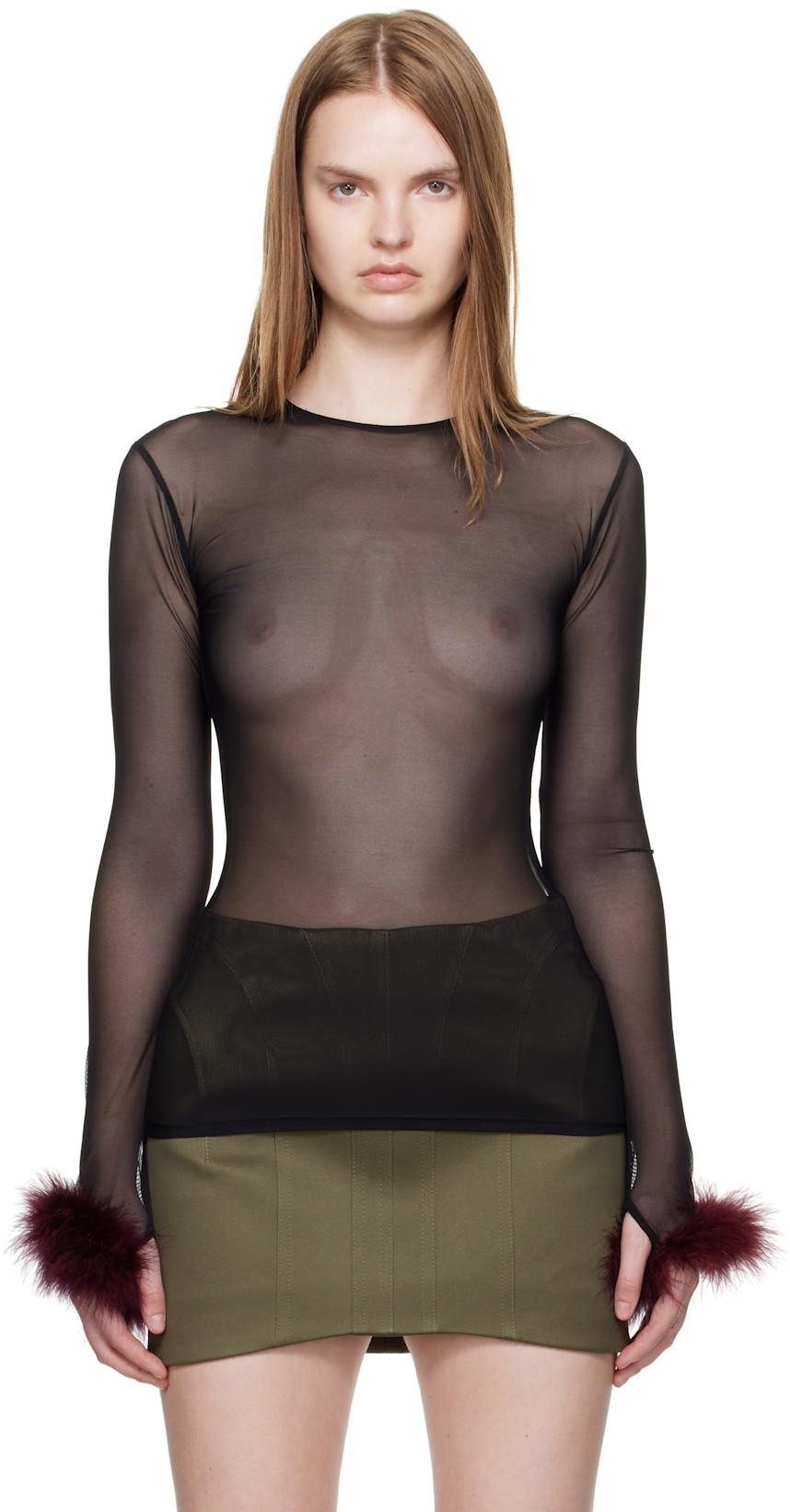 Black Marabou Mesh T-shirt by MUGLER
