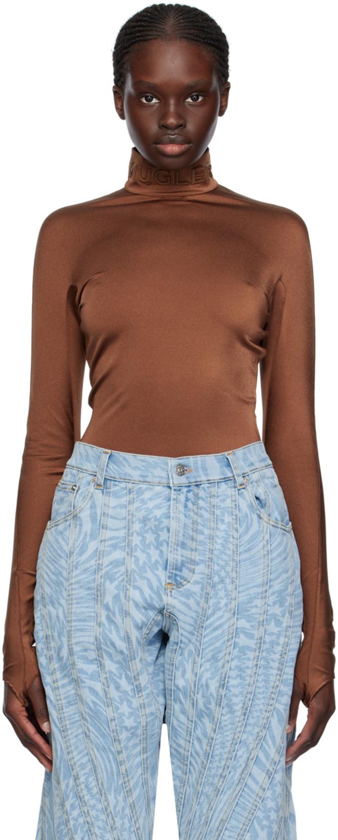 Brown Mock Neck Bodysuit by MUGLER