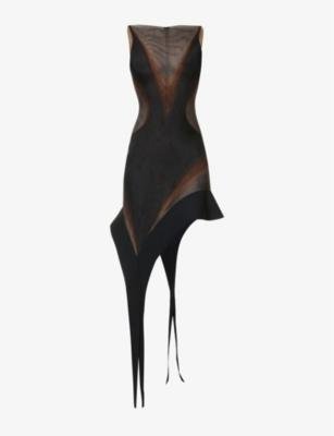 Contrast-panel asymmetric-hem stretch-woven mini dress by MUGLER