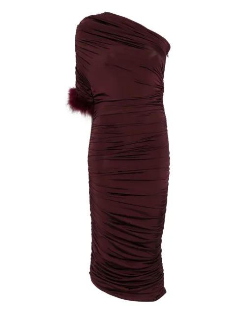 feather-trimmed one-shoulder dress by MUGLER