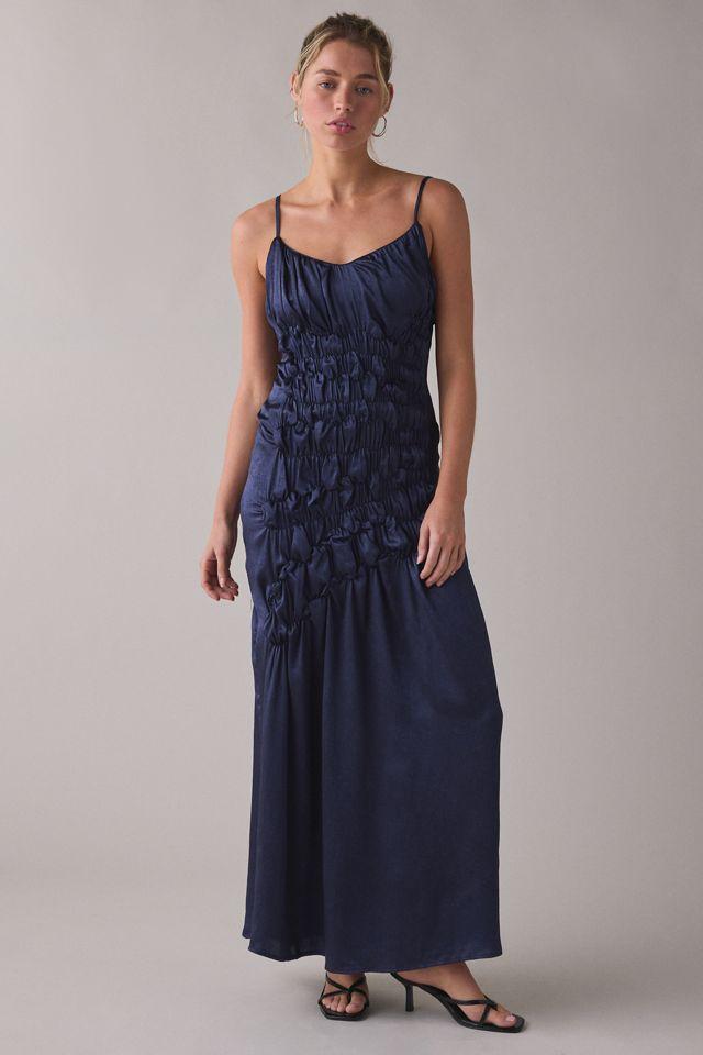 Muse Assembly Amelia Ruched Ruffle Tie-Strap Satin Maxi Dress by MUSE ASSEMBLY