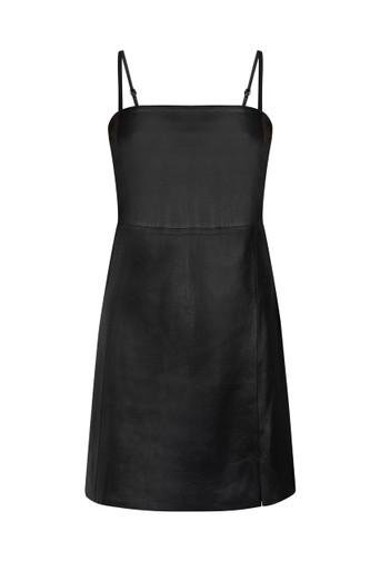 Fitted square neck mini cami leather dress with front split by MUUBAA