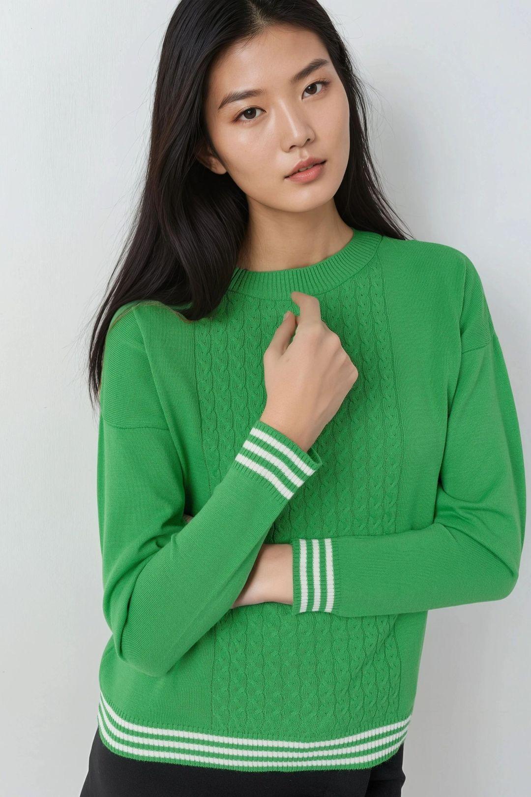 Crew Neck Sweater with Hair Braid Pattern by MYFASHION