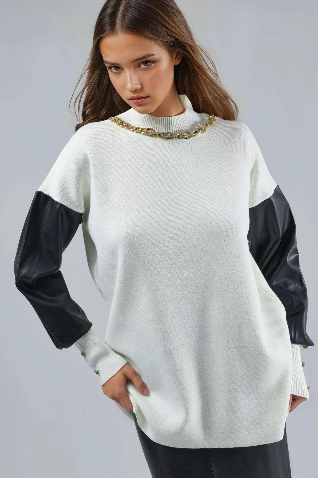 Faux Leather Detailed Sweater by MYFASHION
