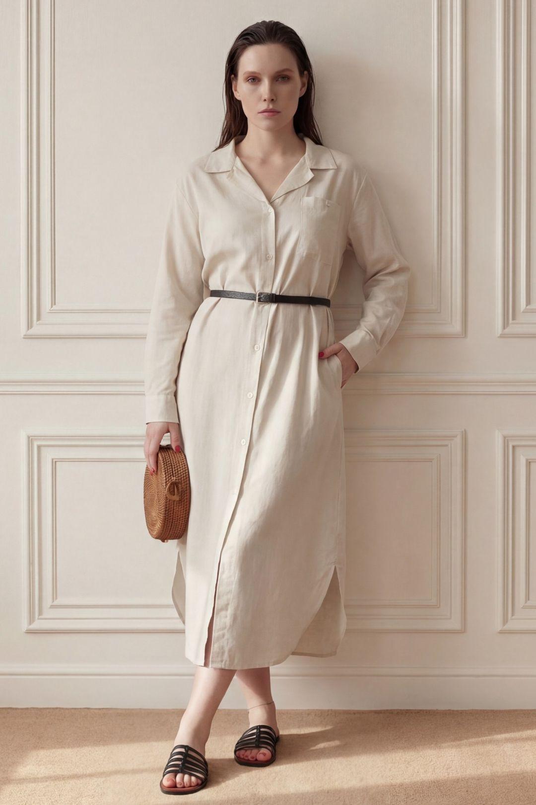 Linen Blend Midi Dress with Button Closure and Pocket by MYFASHION