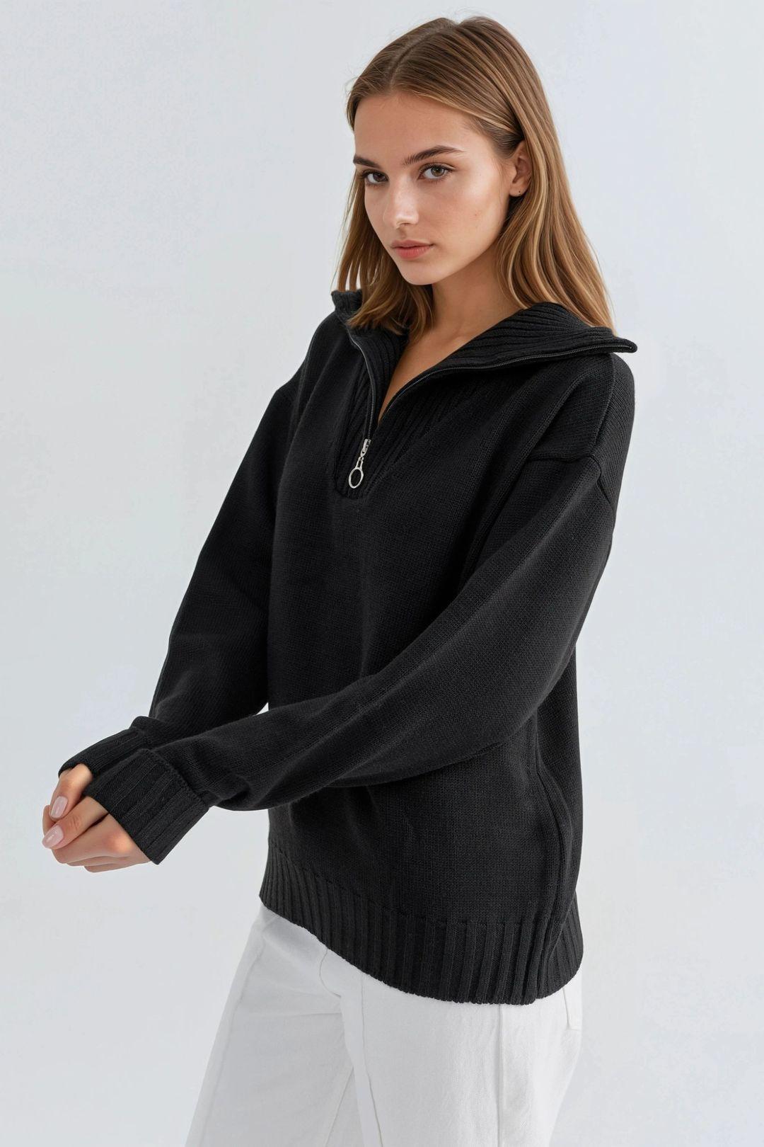 Oversized Ribbed Knit Sweater with Zipper Collar by MYFASHION