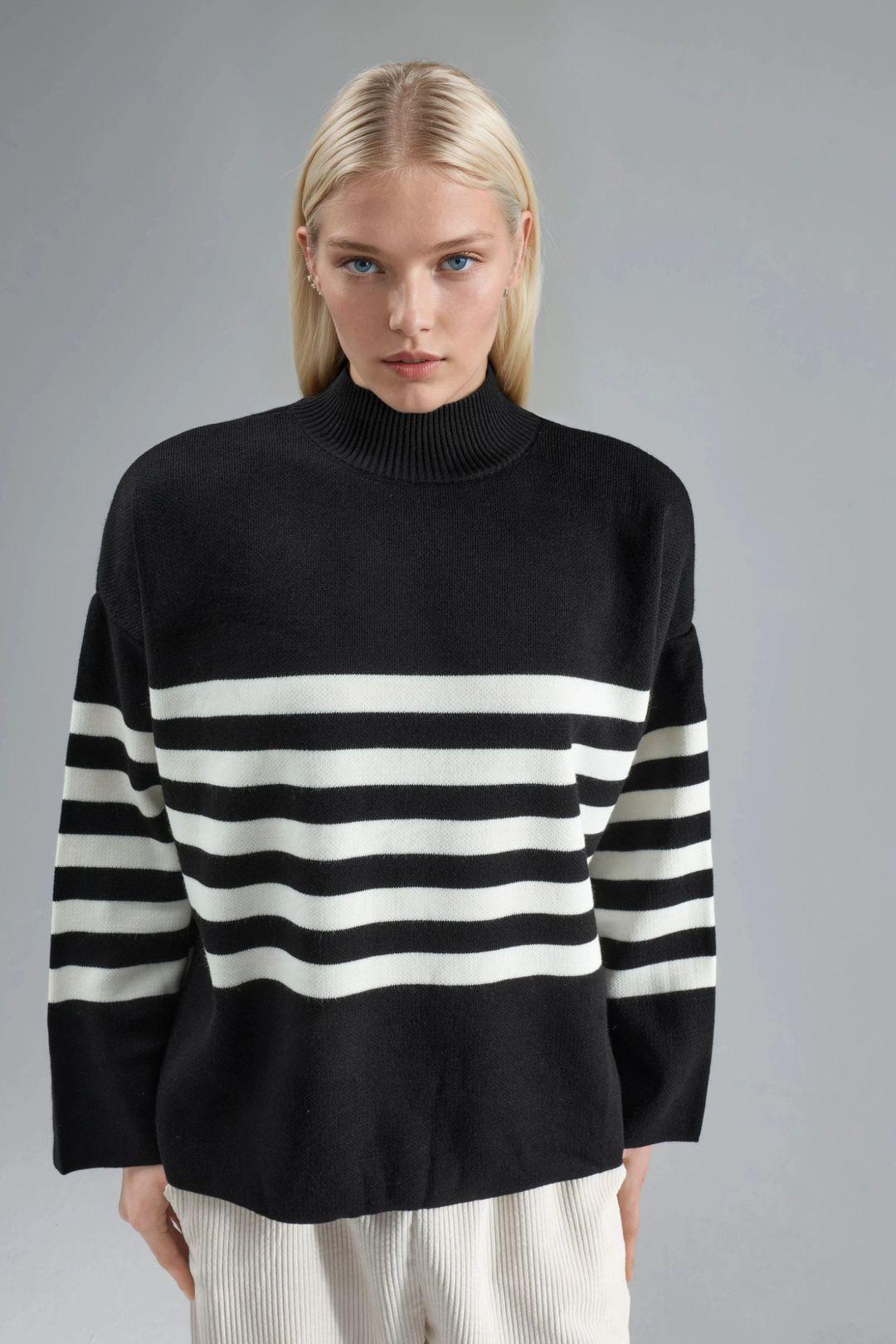 Oversized Striped Turtleneck Sweater by MYFASHION