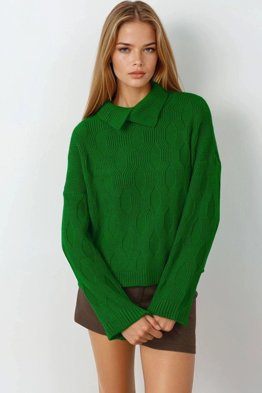 Patterned Knit Sweater with Collar Detail by MYFASHION