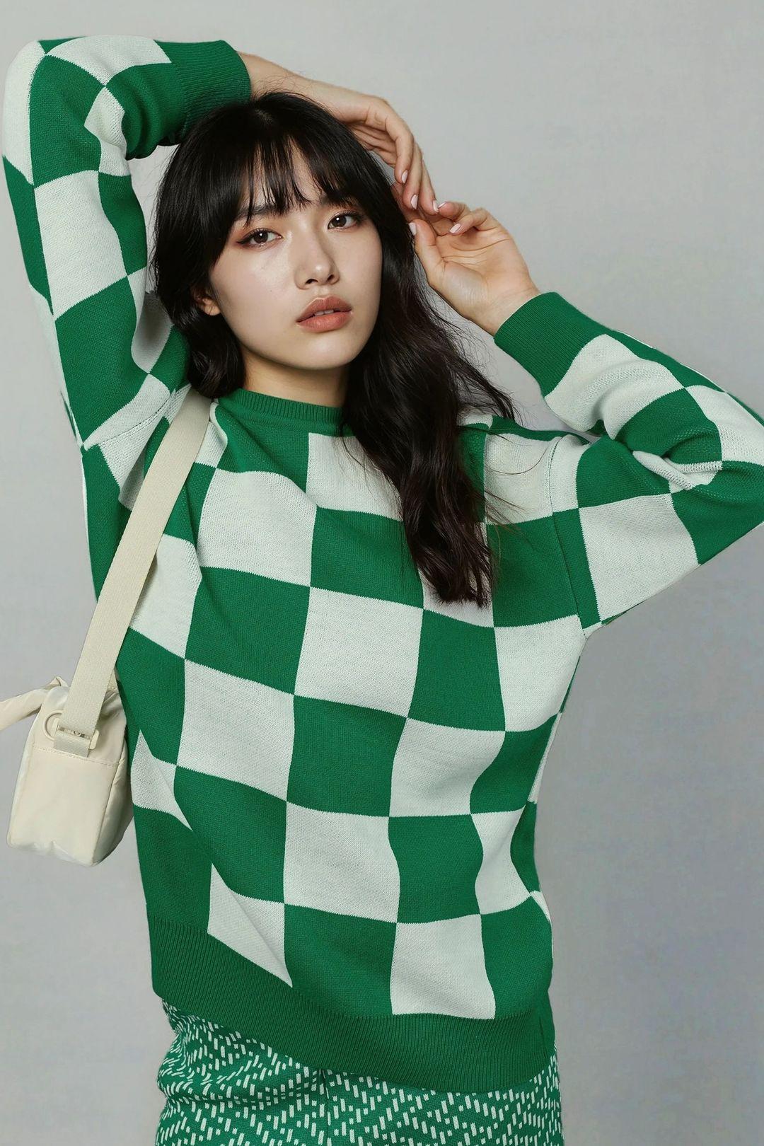 Plaid Ribbed Knit Sweater with Comfort Fit by MYFASHION