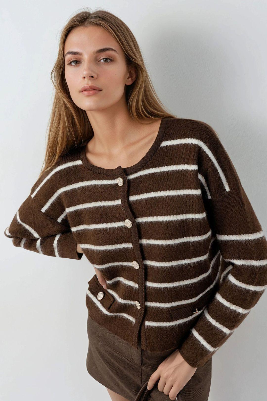 Striped Ribbed Knit Cardigan with Button Closure by MYFASHION