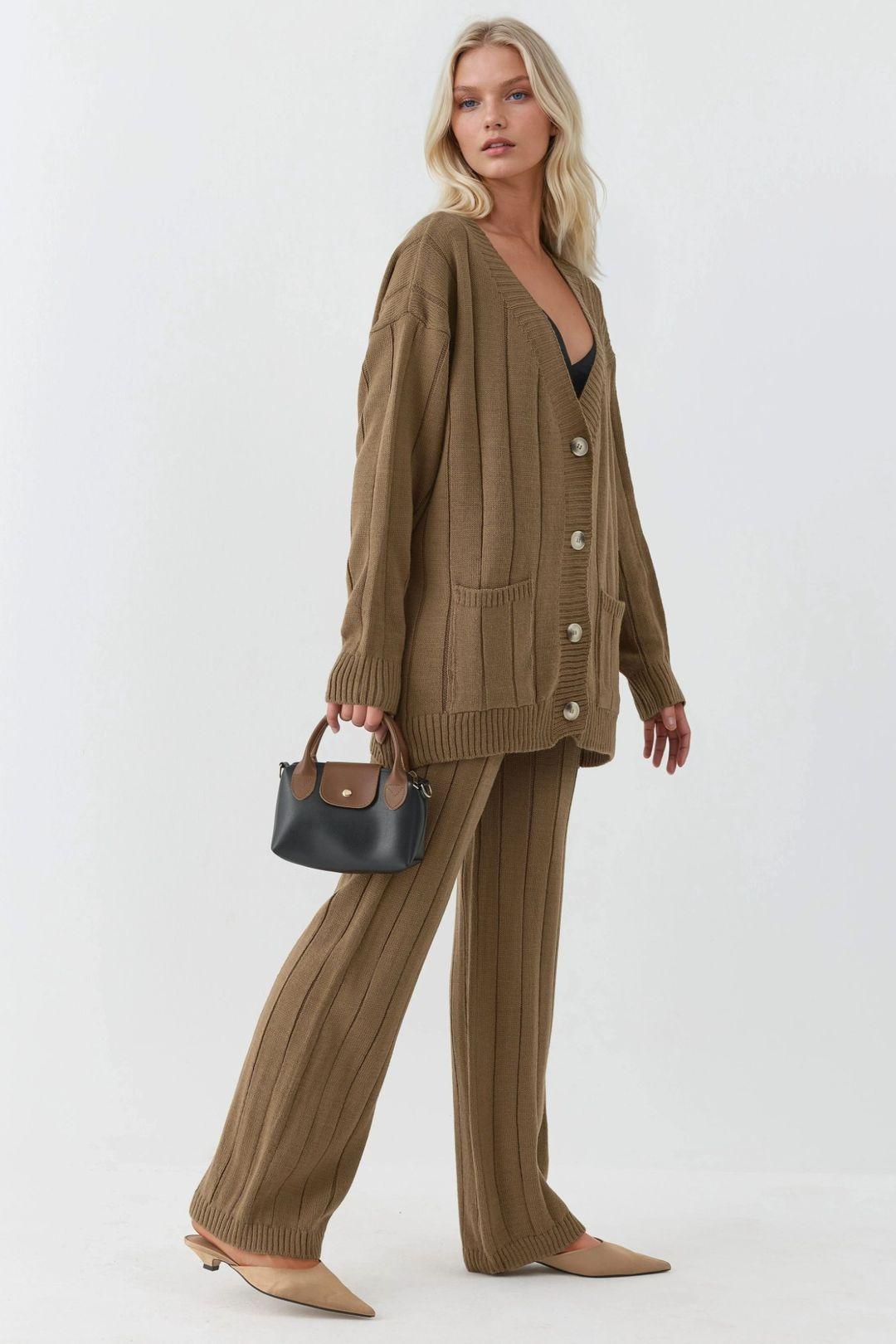 Textured Knit Co-ords with V-Neck Cardigan and Wide Leg Pants by MYFASHION