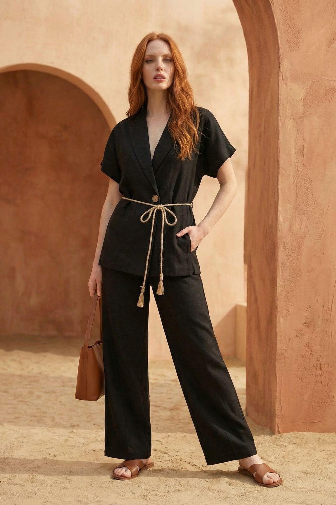 V-Neck Buttoned Blouse & High Waist Trousers Two-Piece Set by MYFASHION