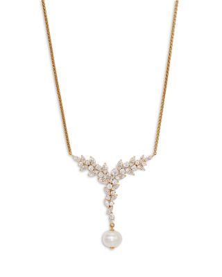 Sav Cubic Zirconia Cluster & Cultured Freshwater Pearl Lariat Necklace in 18K Gold Plated by NADRI
