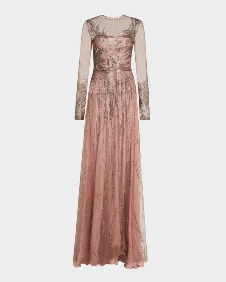 Embellished Jewel-Neck Long-Sleeve Gown by NAEEM KHAN