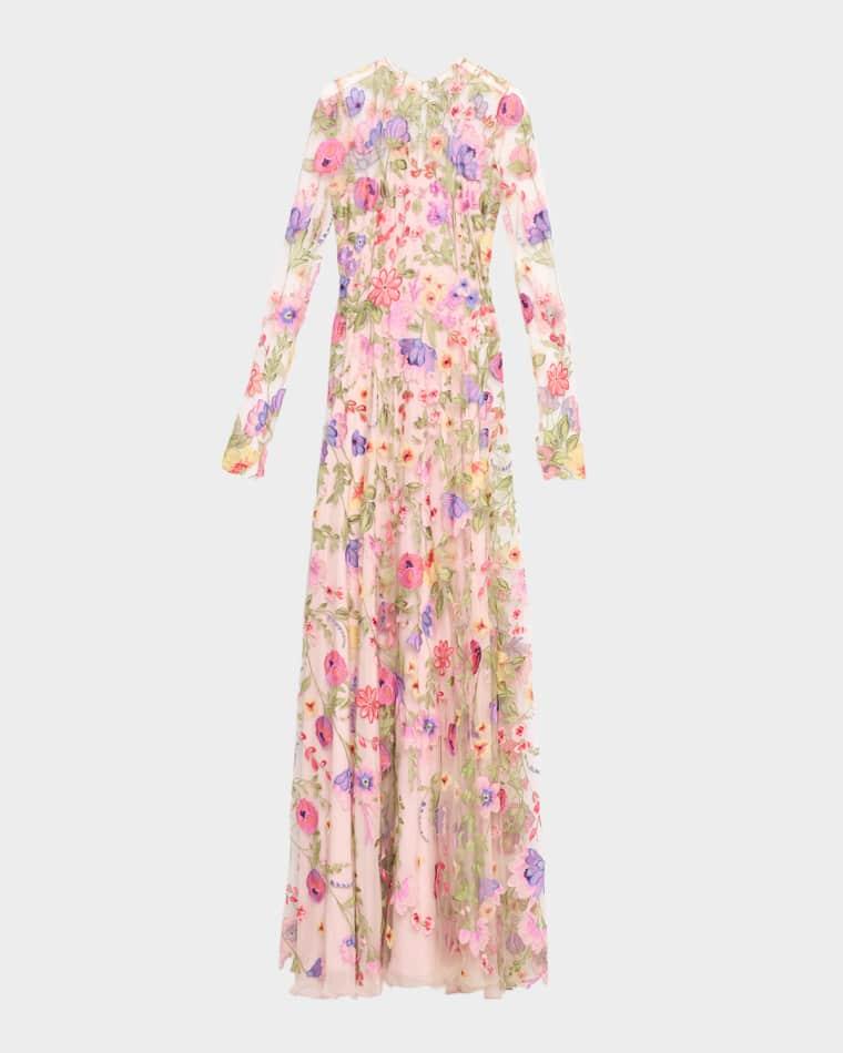 Floral Embroidered Long-Sleeve Illusion Gown by NAEEM KHAN