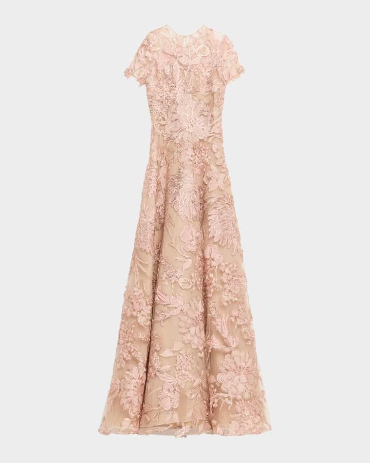 Floral Raffia Embroidered Tulle Short-Sleeve Gown by NAEEM KHAN